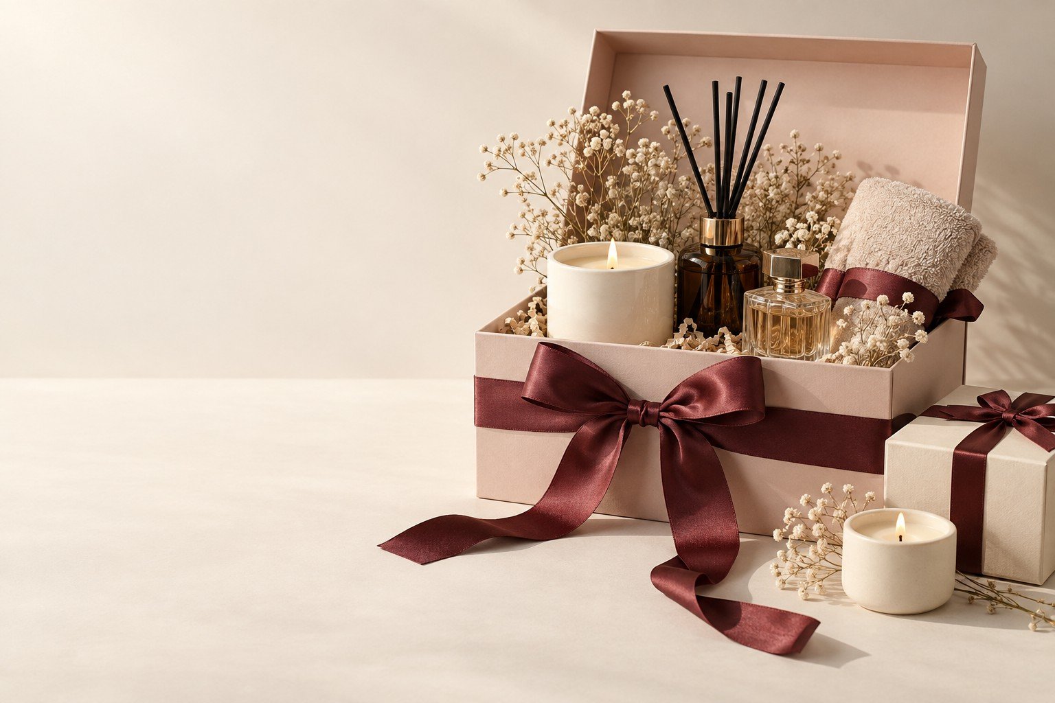 Beautifully arranged blush gift boxes with candles, fragrance, and burgundy ribbons